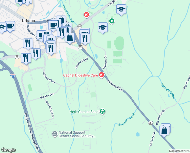 map of restaurants, bars, coffee shops, grocery stores, and more near 3255 Thornapple Drive in Ijamsville