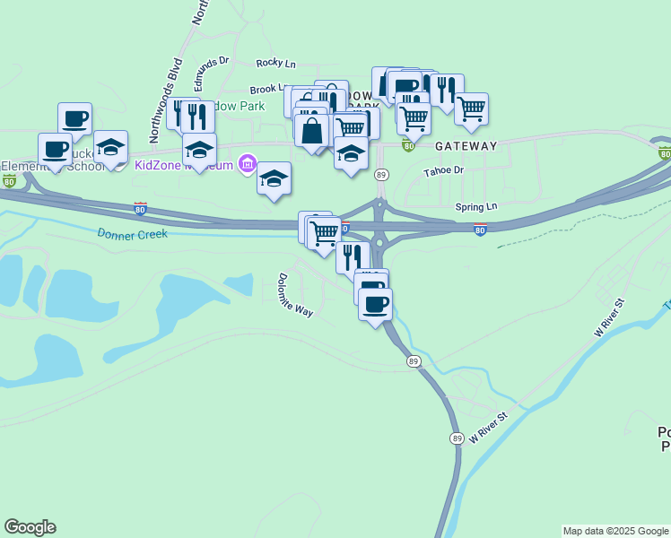 map of restaurants, bars, coffee shops, grocery stores, and more near 11448 Deerfield Drive in Truckee