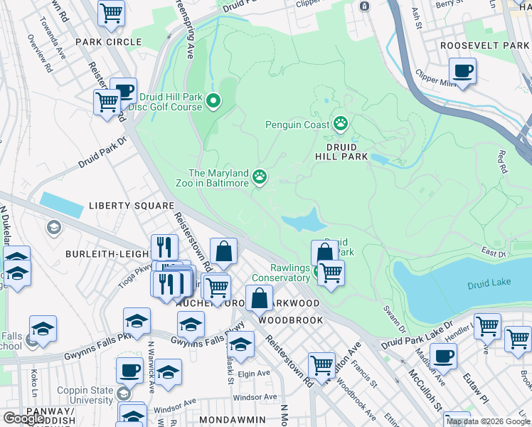 map of restaurants, bars, coffee shops, grocery stores, and more near Beechwood Drive in Baltimore
