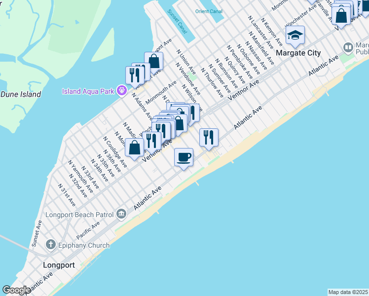 map of restaurants, bars, coffee shops, grocery stores, and more near 22 South Adams Avenue in Margate City