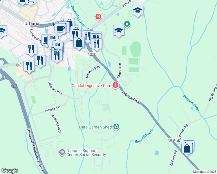 map of restaurants, bars, coffee shops, grocery stores, and more near 3255 Thornapple Drive in Ijamsville