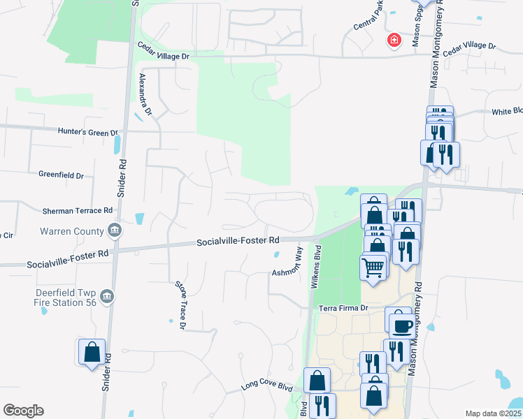 map of restaurants, bars, coffee shops, grocery stores, and more near 5664 Harbourwatch Way in Mason