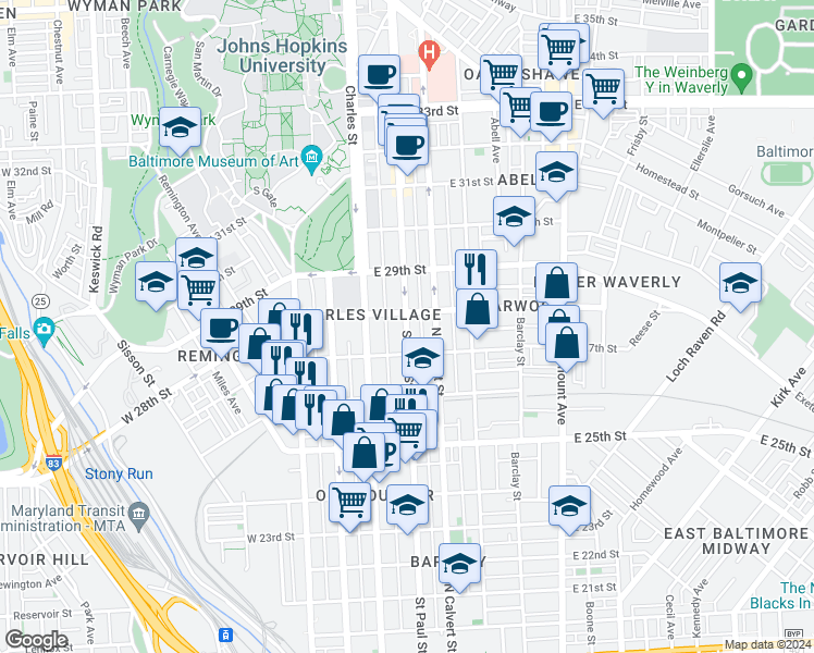 map of restaurants, bars, coffee shops, grocery stores, and more near 2731 St Paul St in Baltimore