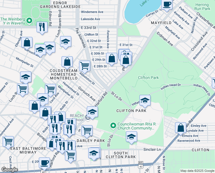 map of restaurants, bars, coffee shops, grocery stores, and more near 2800 Harford Road in Baltimore