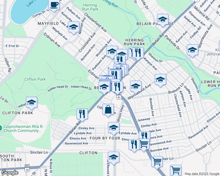 map of restaurants, bars, coffee shops, grocery stores, and more near Belair Rd & Erdman Ave in Baltimore