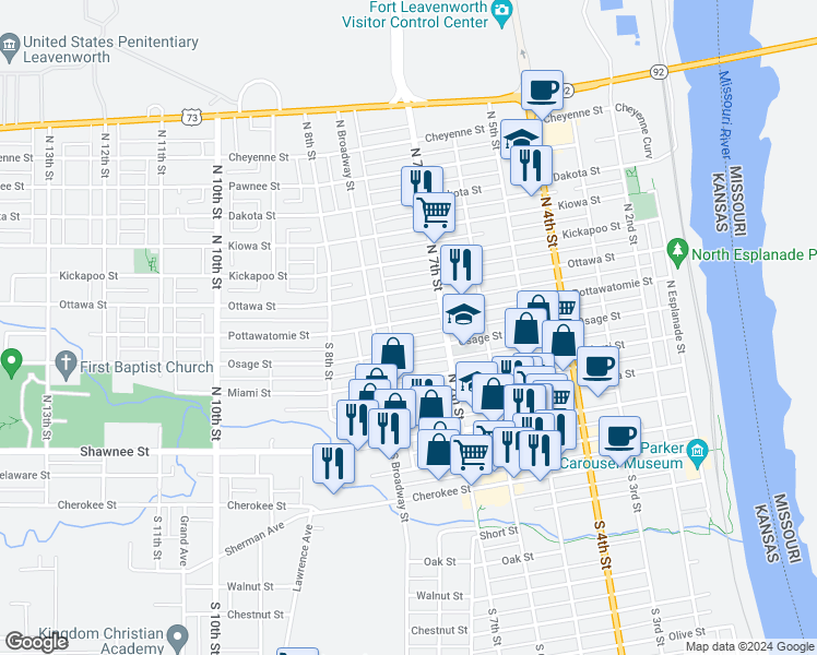 map of restaurants, bars, coffee shops, grocery stores, and more near 725 Pottawatomie Street in Leavenworth