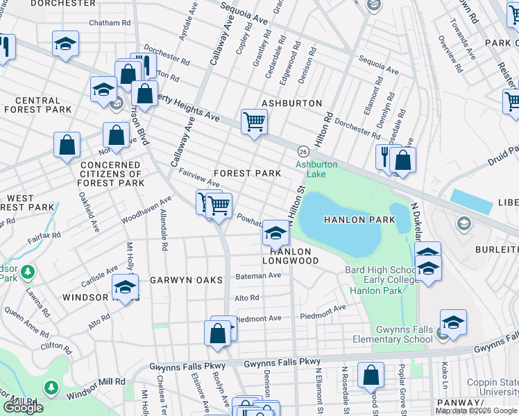 map of restaurants, bars, coffee shops, grocery stores, and more near 3401 Fairview Avenue in Baltimore