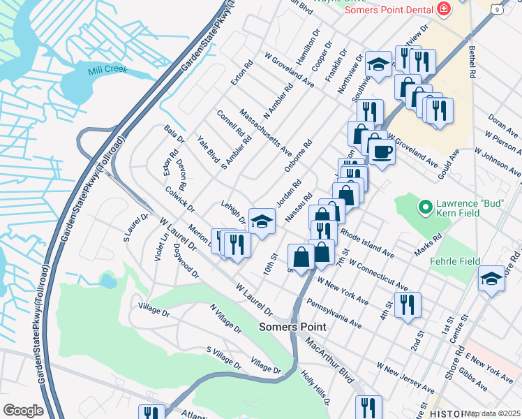 map of restaurants, bars, coffee shops, grocery stores, and more near 210 Bala Drive in Somers Point