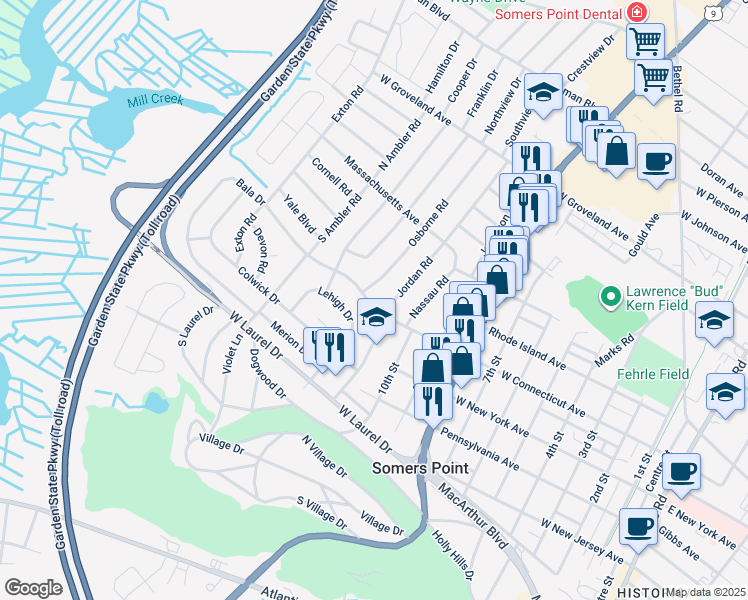 map of restaurants, bars, coffee shops, grocery stores, and more near 210 Bala Drive in Somers Point