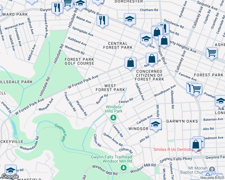 map of restaurants, bars, coffee shops, grocery stores, and more near 4171 Fairview Avenue in Baltimore