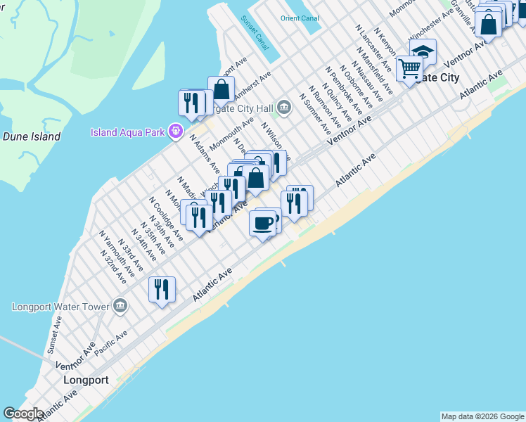 map of restaurants, bars, coffee shops, grocery stores, and more near 22 South Adams Avenue in Margate City