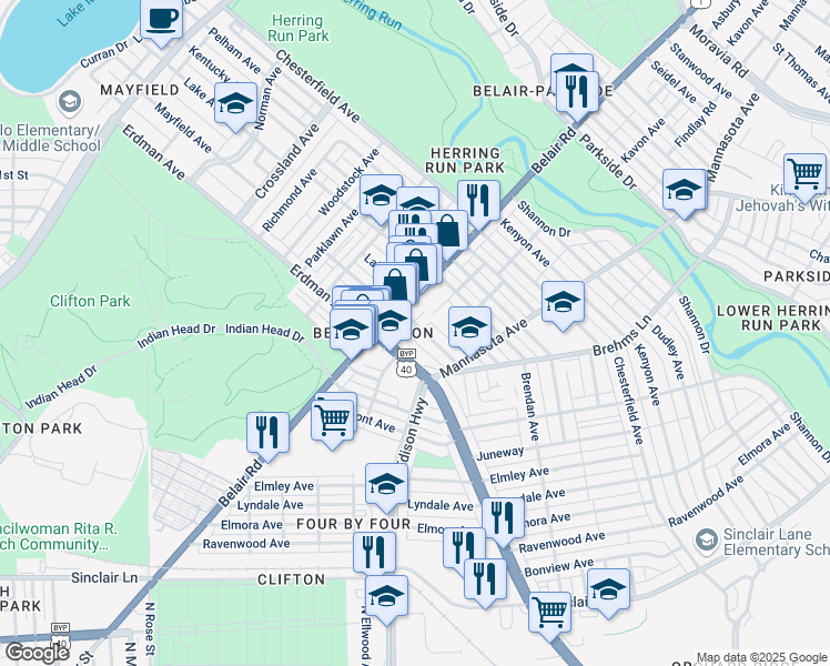 map of restaurants, bars, coffee shops, grocery stores, and more near 3023 Mayfield Avenue in Baltimore