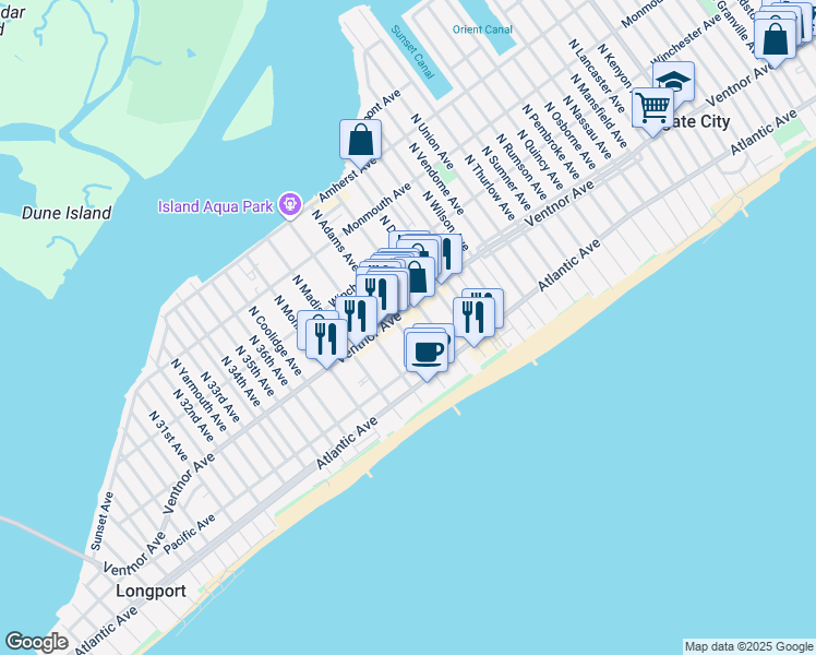 map of restaurants, bars, coffee shops, grocery stores, and more near 22 South Adams Avenue in Margate City