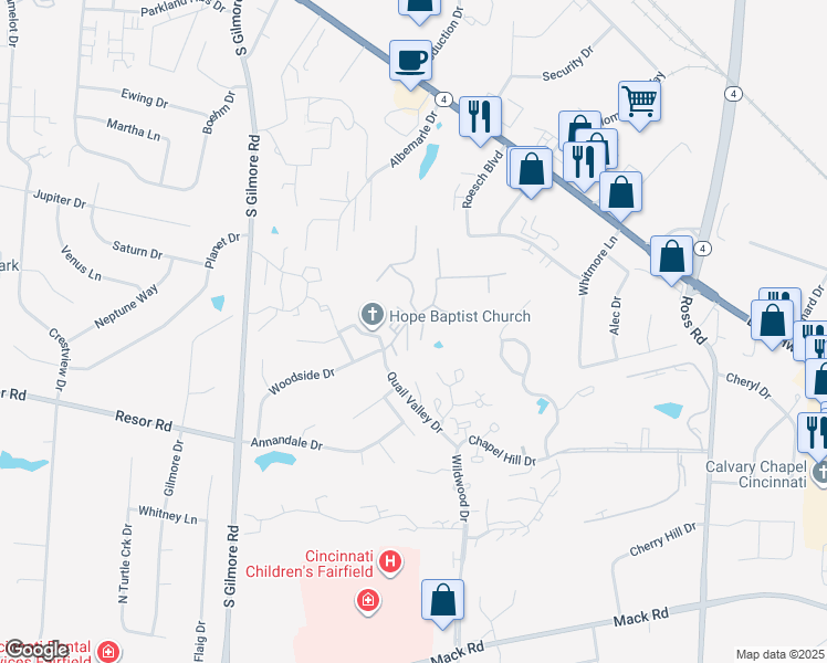 map of restaurants, bars, coffee shops, grocery stores, and more near 34 Summit Court in Fairfield