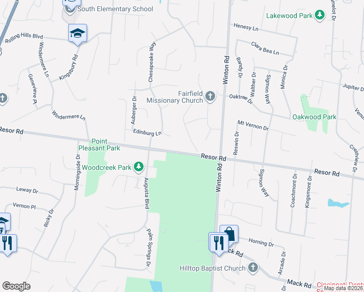 map of restaurants, bars, coffee shops, grocery stores, and more near 2204 Resor Road in Fairfield