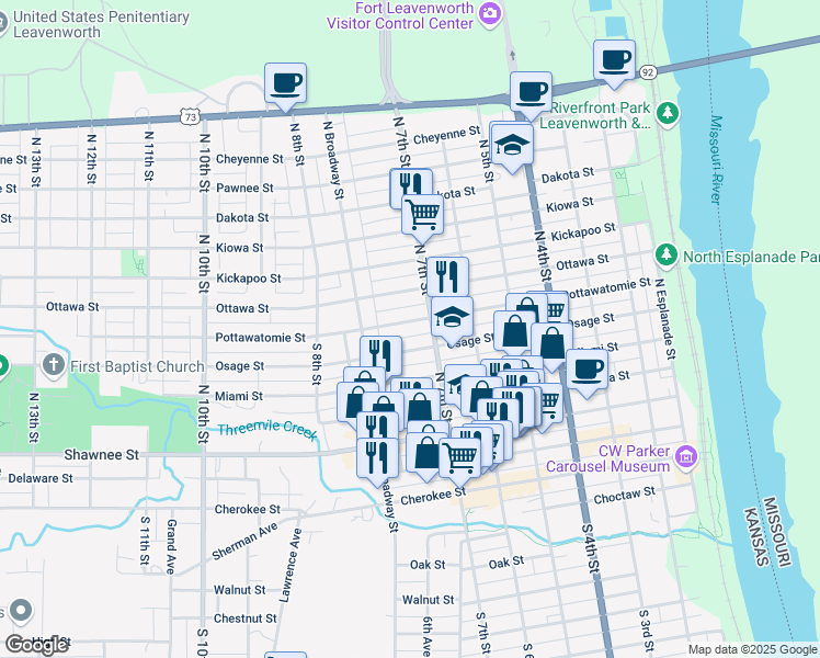 map of restaurants, bars, coffee shops, grocery stores, and more near 714 Osage Street in Leavenworth