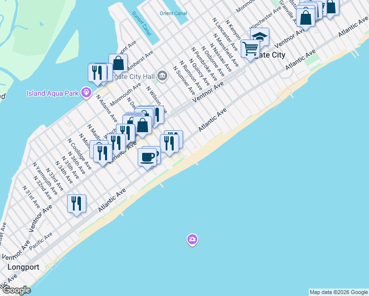 map of restaurants, bars, coffee shops, grocery stores, and more near 106 South Benson Avenue in Margate City