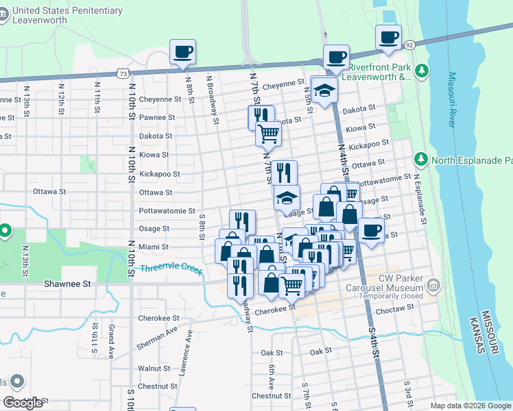 map of restaurants, bars, coffee shops, grocery stores, and more near 714 Osage Street in Leavenworth