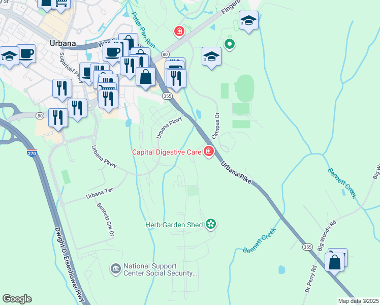 map of restaurants, bars, coffee shops, grocery stores, and more near 3320 Purple Sage Mews in Ijamsville