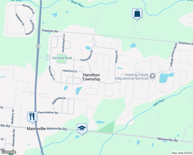 map of restaurants, bars, coffee shops, grocery stores, and more near 7852 Highbrook Drive in Maineville