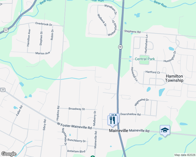 map of restaurants, bars, coffee shops, grocery stores, and more near 137 Hildebrant Drive in Maineville