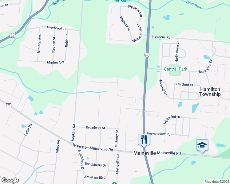 map of restaurants, bars, coffee shops, grocery stores, and more near 199 Hildebrant Drive in Maineville