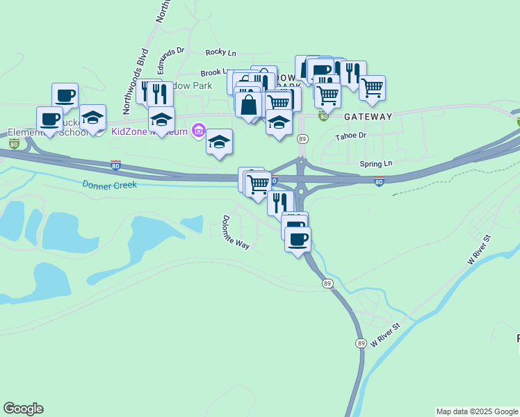 map of restaurants, bars, coffee shops, grocery stores, and more near 11415 Deerfield Drive in Truckee