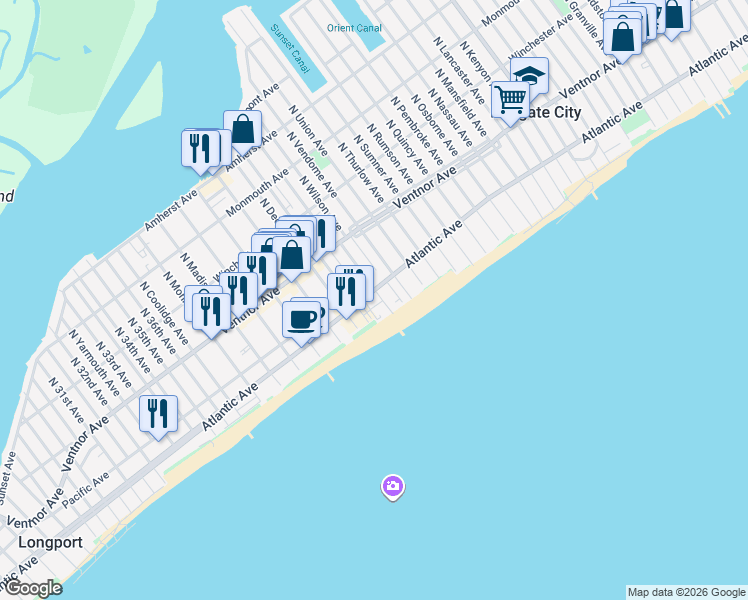 map of restaurants, bars, coffee shops, grocery stores, and more near 106 South Benson Avenue in Margate City