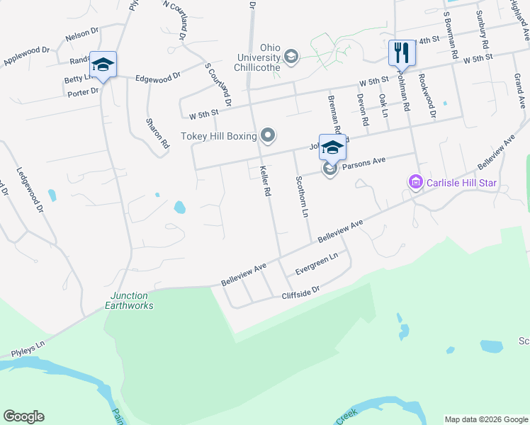 map of restaurants, bars, coffee shops, grocery stores, and more near 528 Keller Road in Chillicothe