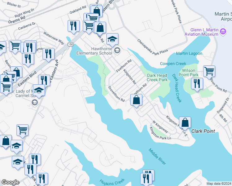map of restaurants, bars, coffee shops, grocery stores, and more near 2106 Redthorn Road in Middle River