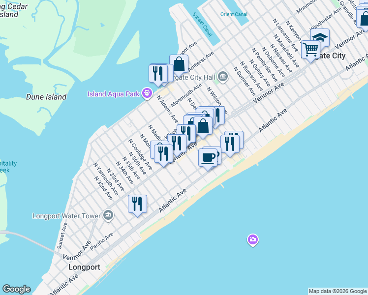 map of restaurants, bars, coffee shops, grocery stores, and more near 9411 Ventnor Avenue in Margate City
