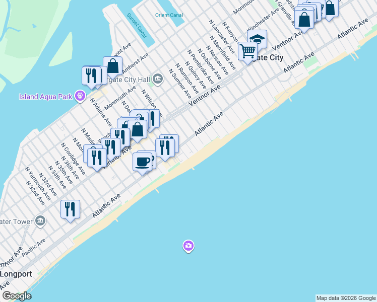 map of restaurants, bars, coffee shops, grocery stores, and more near 9100 Beach Avenue in Margate City