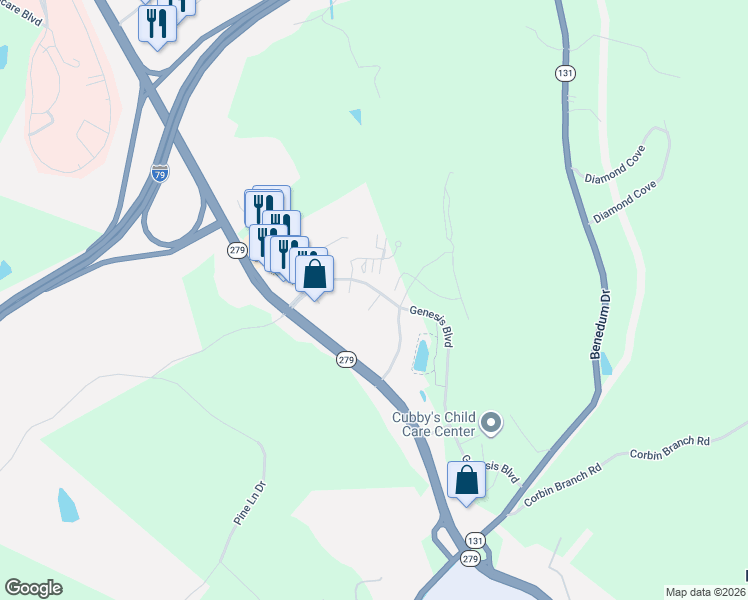 map of restaurants, bars, coffee shops, grocery stores, and more near Genesis Boulevard in Bridgeport