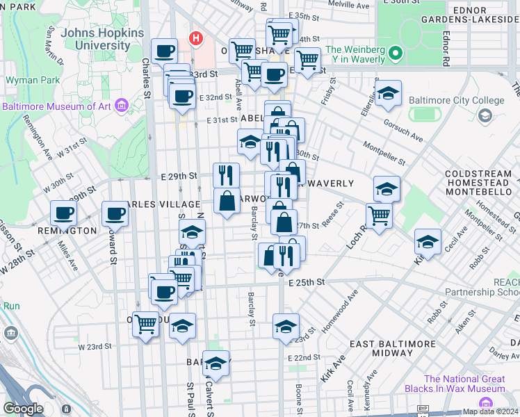 map of restaurants, bars, coffee shops, grocery stores, and more near 406 Whitridge Avenue in Baltimore