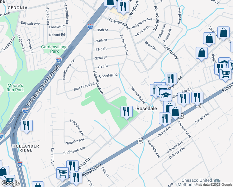 map of restaurants, bars, coffee shops, grocery stores, and more near 7914 Roseland Avenue in Rosedale
