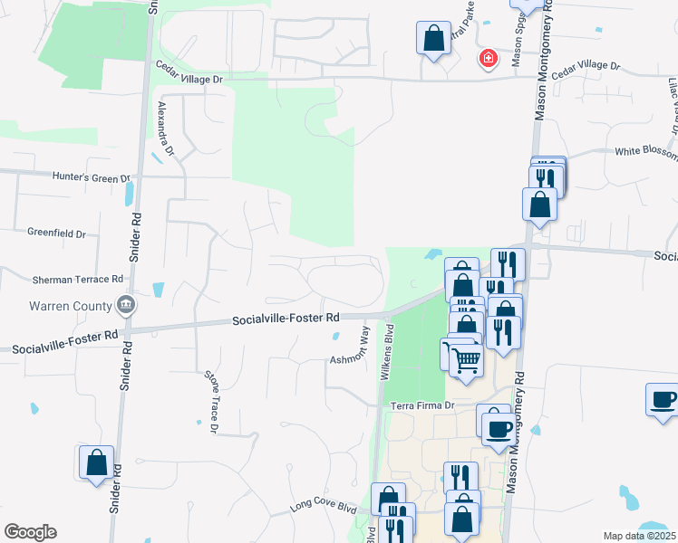 map of restaurants, bars, coffee shops, grocery stores, and more near 5570 Harbourwatch Way in Mason