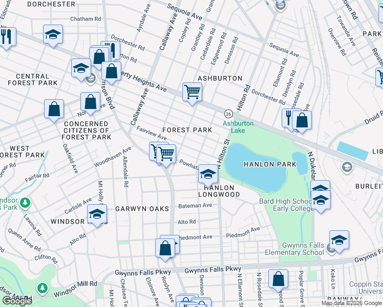 map of restaurants, bars, coffee shops, grocery stores, and more near 3405 Fairview Avenue in Baltimore