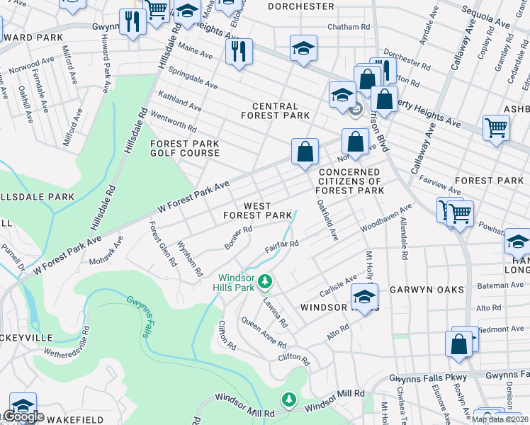 map of restaurants, bars, coffee shops, grocery stores, and more near 4171 Fairview Avenue in Baltimore