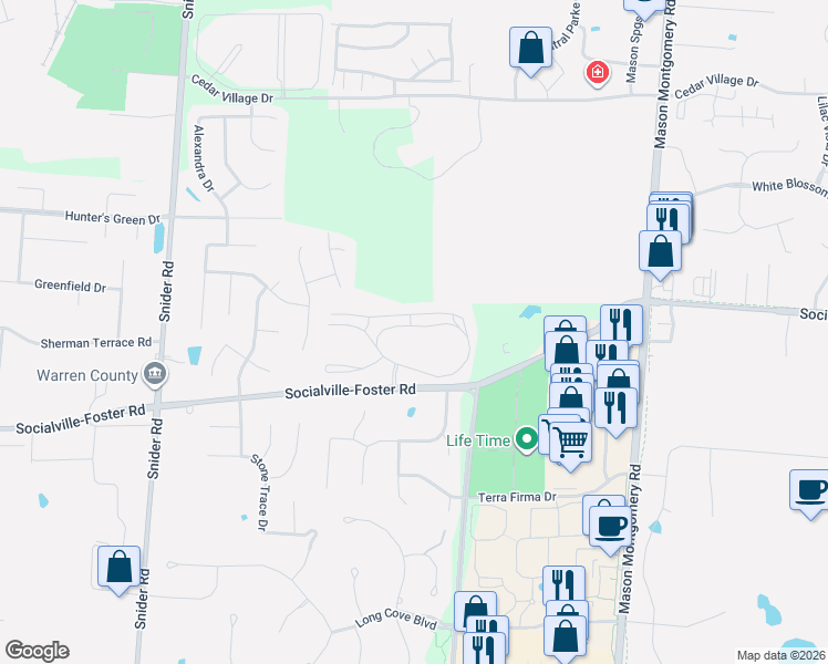 map of restaurants, bars, coffee shops, grocery stores, and more near 5378 Harbourwatch Way in Mason
