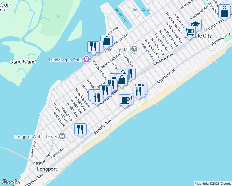 map of restaurants, bars, coffee shops, grocery stores, and more near 9504 Ventnor Avenue in Margate City