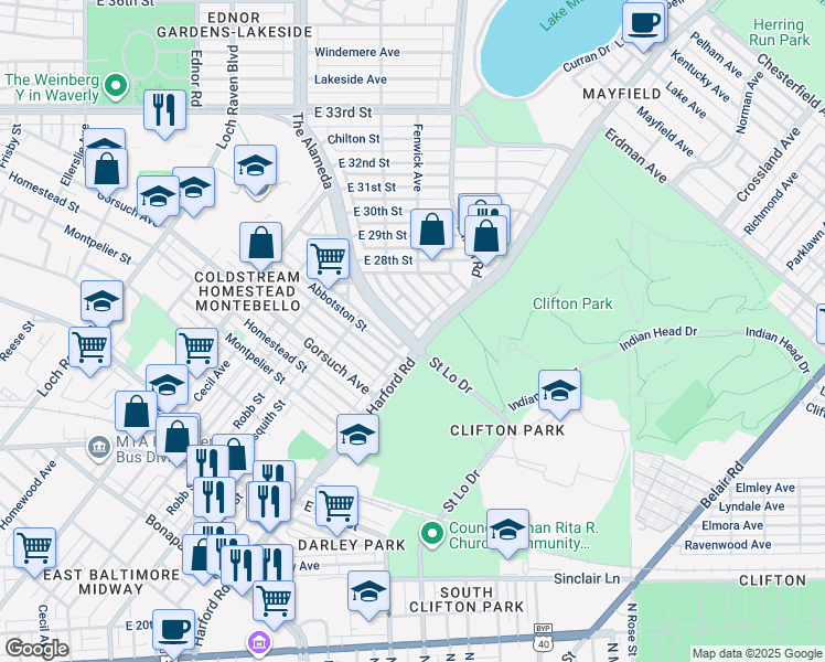 map of restaurants, bars, coffee shops, grocery stores, and more near 2701 The Alameda in Baltimore