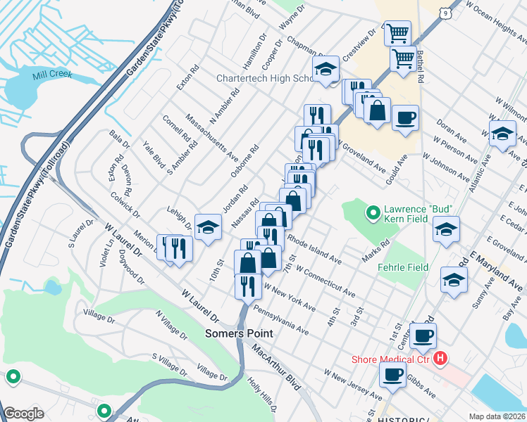 map of restaurants, bars, coffee shops, grocery stores, and more near 21 Nassau Road in Somers Point