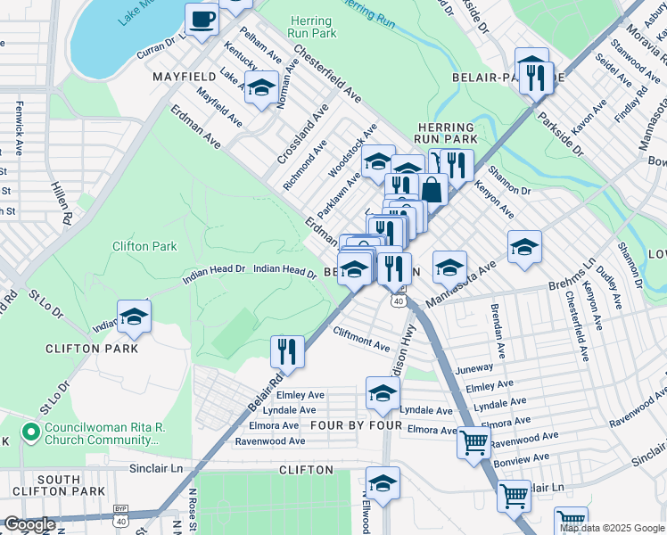 map of restaurants, bars, coffee shops, grocery stores, and more near 2928 Clifton Park Terrace in Baltimore