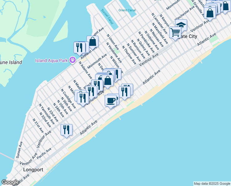 map of restaurants, bars, coffee shops, grocery stores, and more near 8 South Benson Avenue in Margate City