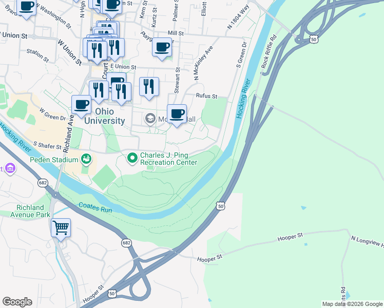 map of restaurants, bars, coffee shops, grocery stores, and more near 21-99 South Green Drive in Athens