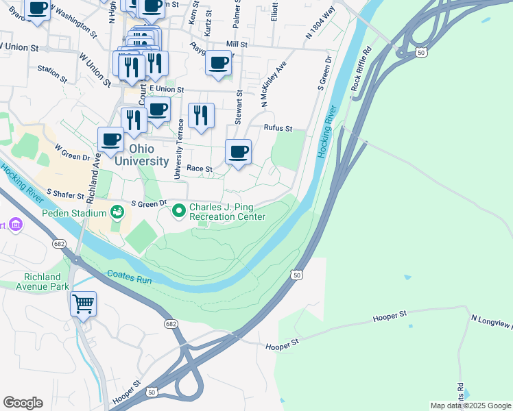 map of restaurants, bars, coffee shops, grocery stores, and more near 21-99 South Green Drive in Athens