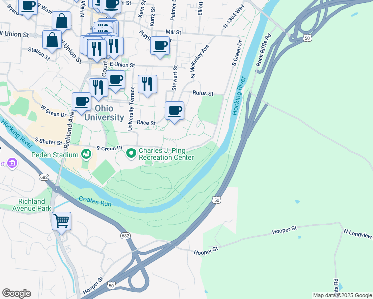 map of restaurants, bars, coffee shops, grocery stores, and more near 10 North McKinley Avenue in Athens