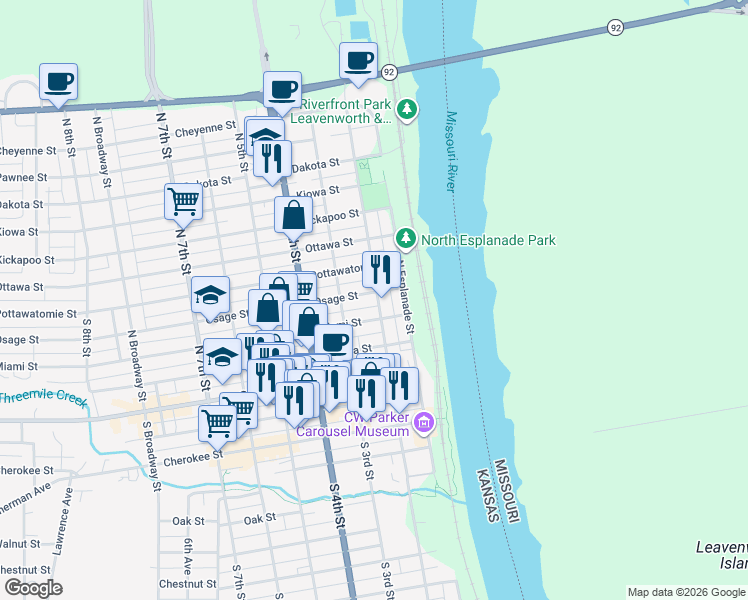 map of restaurants, bars, coffee shops, grocery stores, and more near 112 Osage Street in Leavenworth