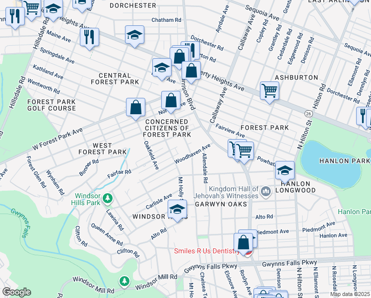 map of restaurants, bars, coffee shops, grocery stores, and more near 3010 Chelsea Terrace in Baltimore