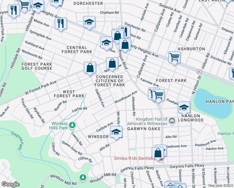 map of restaurants, bars, coffee shops, grocery stores, and more near 3901 Fairfax Road in Baltimore